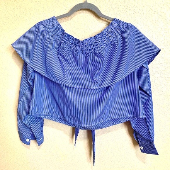 Boohoo top Blue striped Bardot crop top cuffed sleeve size 8 - Picture 1 of 11